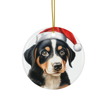 DistinctInk Hanging Ceramic Christmas Tree Ornament with Gold String - Great Gift/Present - 2 3/4 inch Diameter - Entlebucher Mountain Dog Puppy Drawing Design