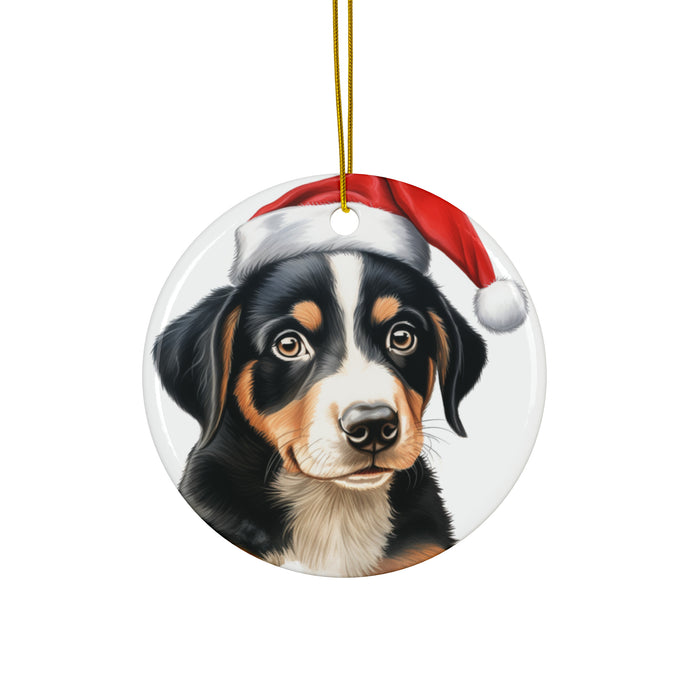 DistinctInk Hanging Ceramic Christmas Tree Ornament with Gold String - Great Gift/Present - 2 3/4 inch Diameter - Entlebucher Mountain Dog Puppy Drawing Design