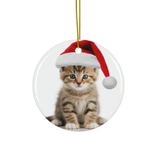 DistinctInk Hanging Ceramic Christmas Tree Ornament with Gold String - Great Gift/Present - 2 3/4 inch Diameter - Manx Kitten Design