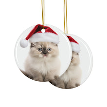 DistinctInk Hanging Ceramic Christmas Tree Ornament with Gold String - Great Gift/Present - 2 3/4 inch Diameter - Himalayan Kitten Design