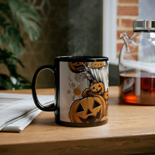 DistinctInk Black Coffee Mug - Ghostly Skeleton and Pumpkins for Halloween