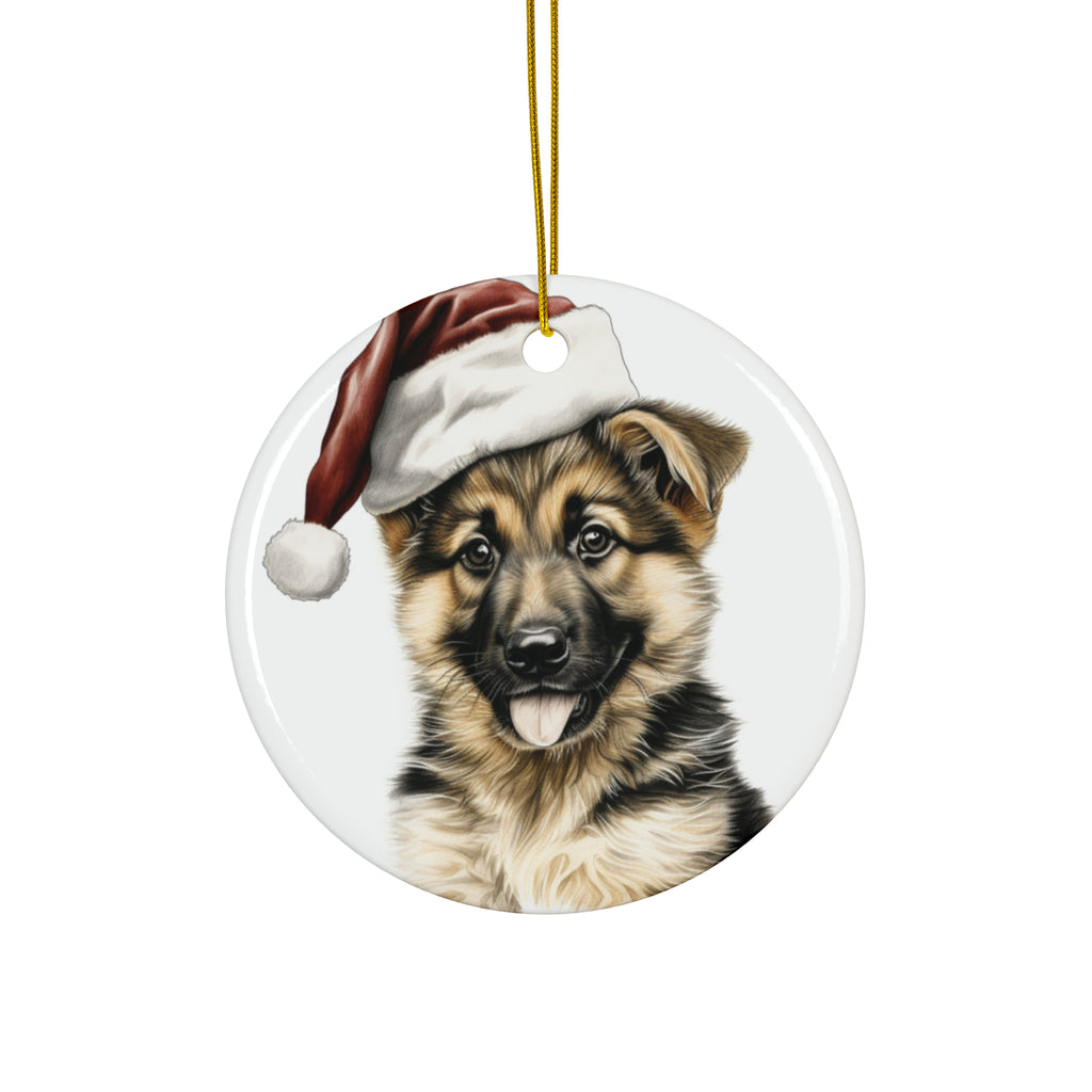 Hanging Ceramic Christmas Tree Ornament with Gold String - German Shepherd Dog Puppy Drawing Design