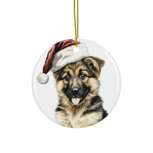 DistinctInk Hanging Ceramic Christmas Tree Ornament with Gold String - Great Gift/Present - 2 3/4 inch Diameter - German Shepherd Dog Puppy Drawing Design