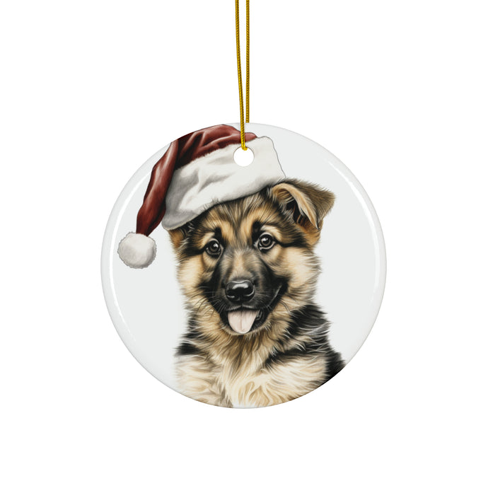 DistinctInk Hanging Ceramic Christmas Tree Ornament with Gold String - Great Gift/Present - 2 3/4 inch Diameter - German Shepherd Dog Puppy Drawing Design