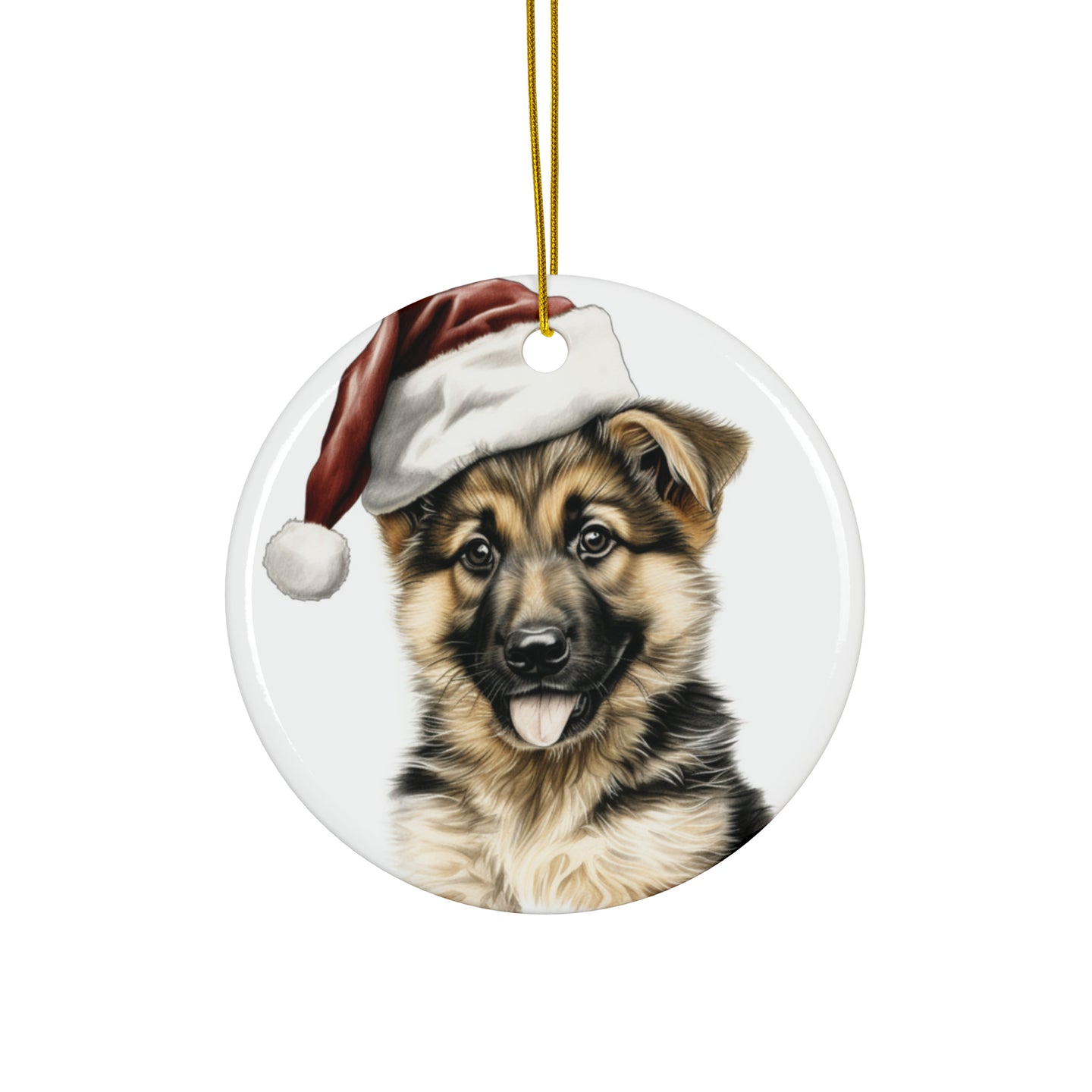 DistinctInk Hanging Ceramic Christmas Tree Ornament with Gold String - Great Gift/Present - 2 3/4 inch Diameter - German Shepherd Dog Puppy Drawing Design