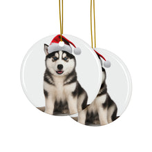 DistinctInk Hanging Ceramic Christmas Tree Ornament with Gold String - Great Gift/Present - 2 3/4 inch Diameter - Siberian Huskie Design