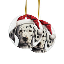 DistinctInk Hanging Ceramic Christmas Tree Ornament with Gold String - Great Gift/Present - 2 3/4 inch Diameter - Dalmatian Puppy Drawing Design