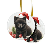 DistinctInk Hanging Ceramic Christmas Tree Ornament with Gold String - Great Gift/Present - 2 3/4 inch Diameter - Schipperke Puppy Drawing Design