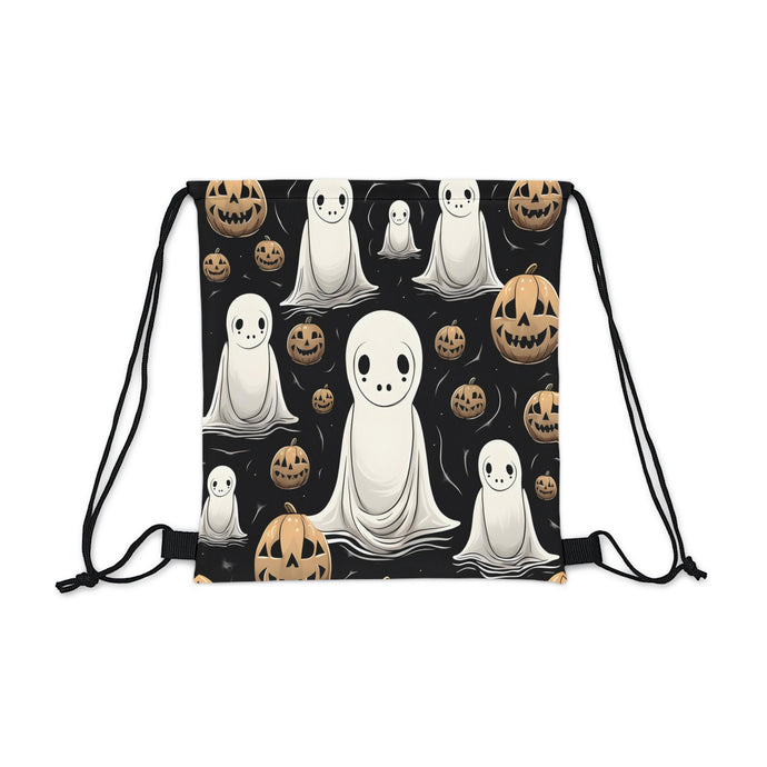 DistinctInk Drawstring Bag / Backpack with Ghostly Skeleton and Pumpkin Design for Halloween