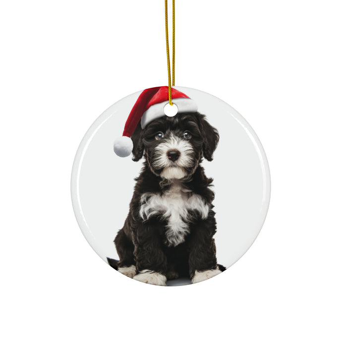 DistinctInk Hanging Ceramic Christmas Tree Ornament with Gold String - Great Gift/Present - 2 3/4 inch Diameter - Portuguese Water Dog Puppy Design