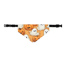 DistinctInk Adjustable Pet Banana Collar with Ghostly Skeleton Pumpkin Patch Design for Halloween