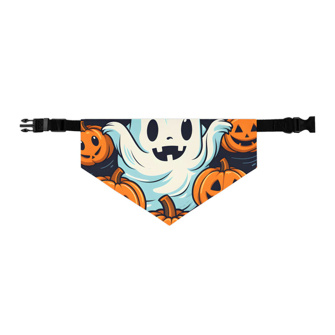 DistinctInk Adjustable Pet Banana Collar with The Ghostly Skeleton Pumpkin Design for Halloween