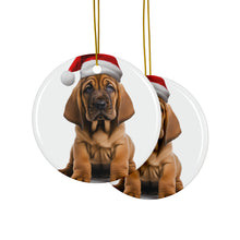 DistinctInk Hanging Ceramic Christmas Tree Ornament with Gold String - Great Gift/Present - 2 3/4 inch Diameter - Bloodhound Puppy Design