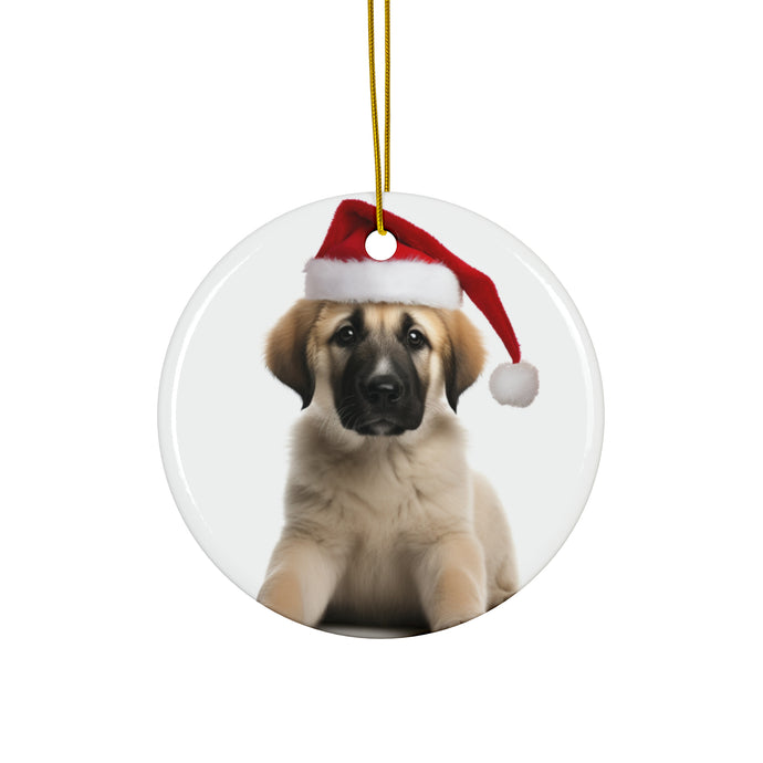 DistinctInk Hanging Ceramic Christmas Tree Ornament with Gold String - Great Gift/Present - 2 3/4 inch Diameter - Anatolian Shepherd Dog Puppy Design