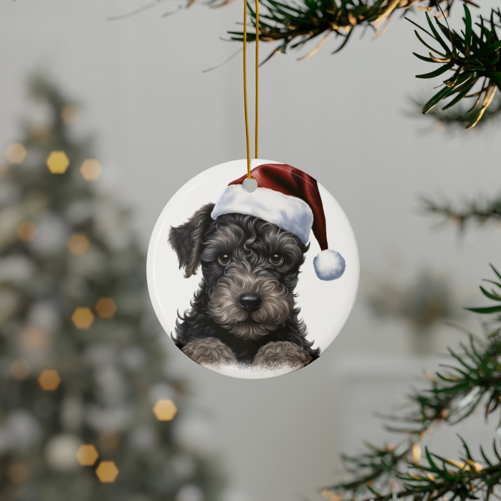 Hanging Ceramic Christmas Tree Ornament with Gold String - Kerry Blue Terrier Puppy Drawing Design, view 3