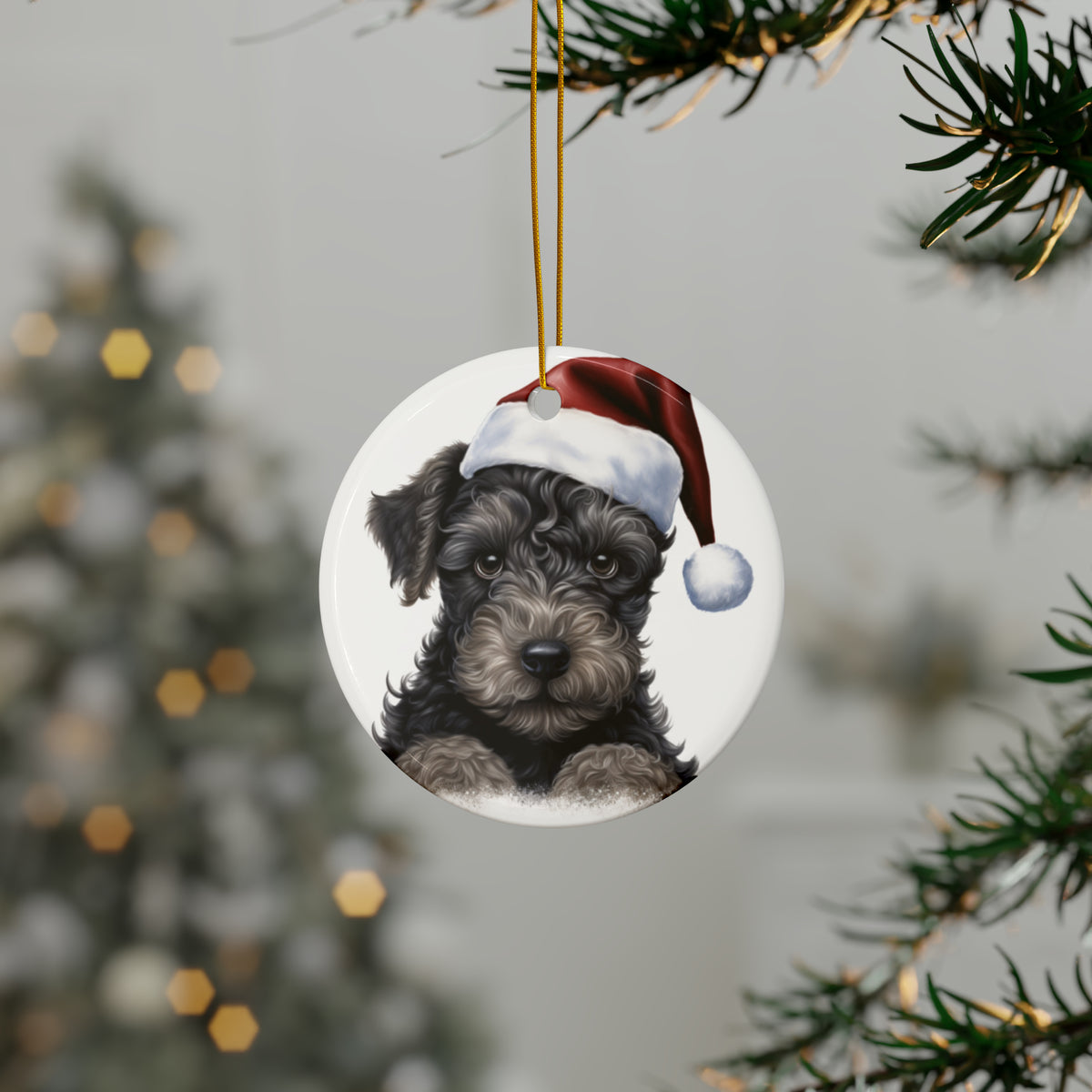 Hanging Ceramic Christmas Tree Ornament with Gold String - Kerry Blue Terrier Puppy Drawing Design, view 3