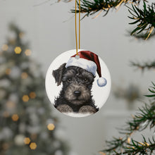 DistinctInk Hanging Ceramic Christmas Tree Ornament with Gold String - Great Gift/Present - 2 3/4 inch Diameter - Kerry Blue Terrier Puppy Drawing Design