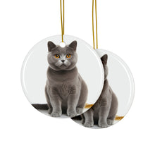 DistinctInk Hanging Ceramic Christmas Tree Ornament with Gold String - Great Gift/Present - 2 3/4 inch Diameter - Chartreux Cat Design