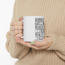 DistinctInk Glossy White Coffee / Tea Mug - Build It Tune Race Break Fix Repeat
