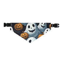 DistinctInk Adjustable Pet Banana Collar with Ghoulish Ghostbusters and Pumpkins Design for Halloween