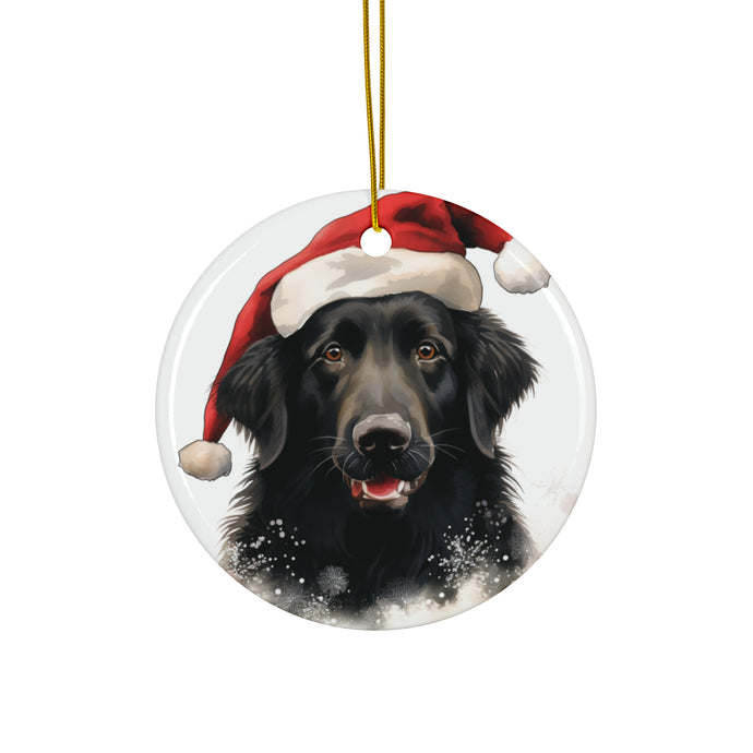 DistinctInk Hanging Ceramic Christmas Tree Ornament with Gold String - Great Gift/Present - 2 3/4 inch Diameter - Flat-Coated Retriever Design