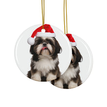 DistinctInk Hanging Ceramic Christmas Tree Ornament with Gold String - Great Gift/Present - 2 3/4 inch Diameter - Shih Tzu Design