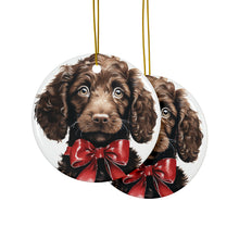 DistinctInk Hanging Ceramic Christmas Tree Ornament with Gold String - Great Gift/Present - 2 3/4 inch Diameter - American Water Spaniel Puppy Drawing Design