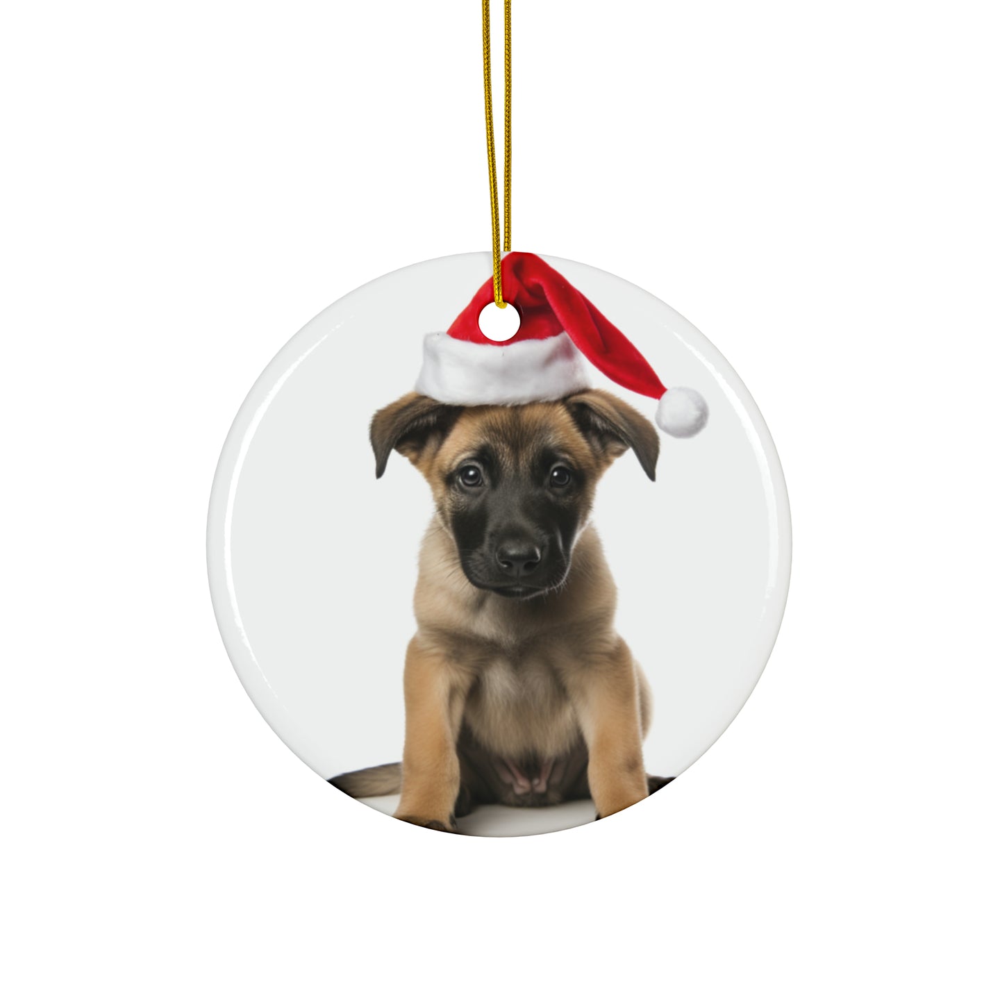DistinctInk Hanging Ceramic Christmas Tree Ornament with Gold String - Great Gift/Present - 2 3/4 inch Diameter - Belgian Malinoi Puppy Design