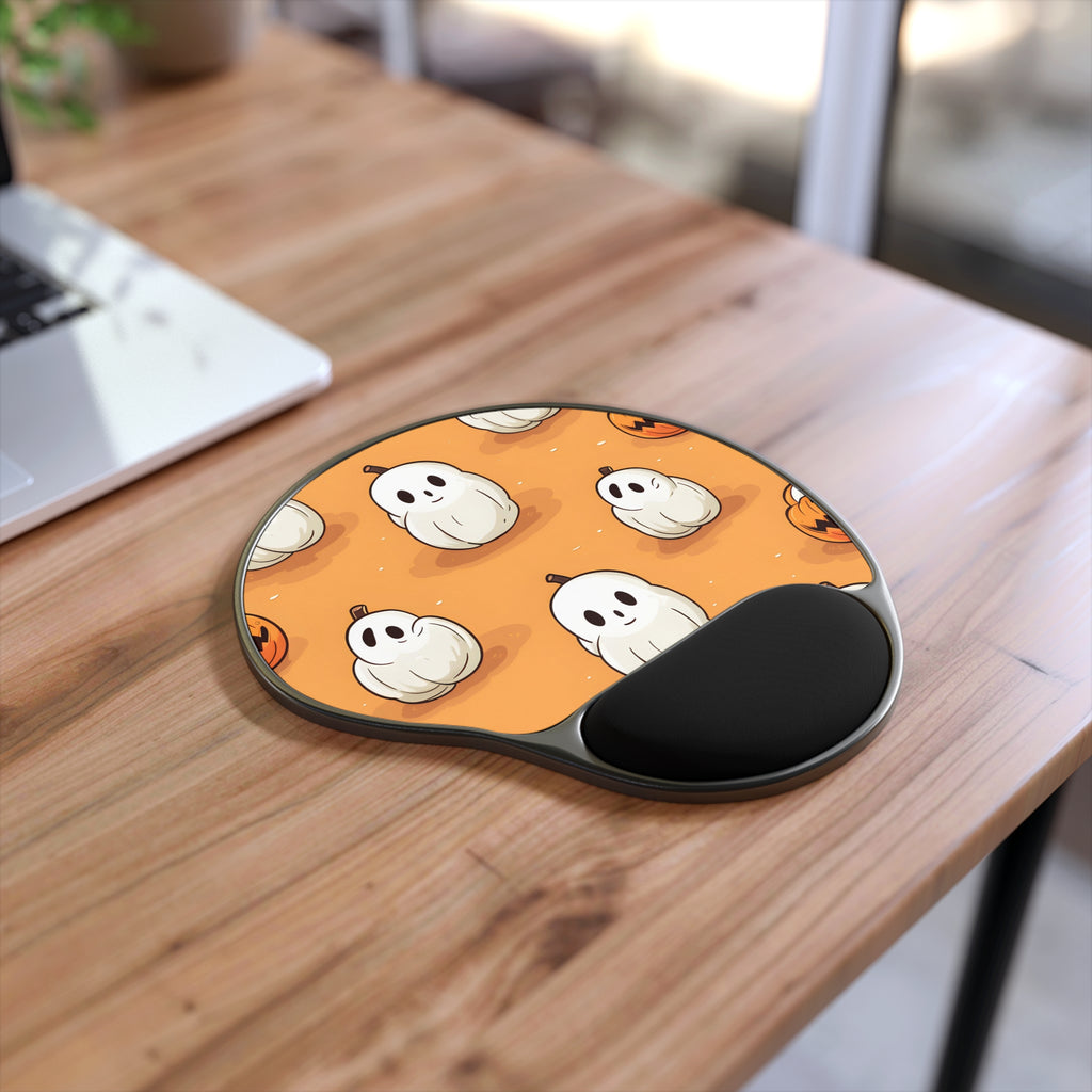Mouse Pad with Wrist Rest with Ghastly Skeleton Pumpkin adorned Design for Halloween, view 2