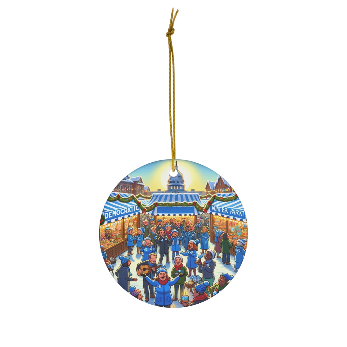 DistinctInk Hanging Ceramic Christmas Tree Ornament Charm with Gold String - Great Gift/Present - 2 3/4 inch Diameter - Democratic Winter Market