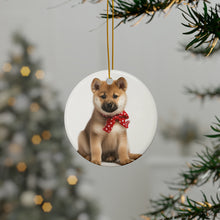 DistinctInk Hanging Ceramic Christmas Tree Ornament with Gold String - Great Gift/Present - 2 3/4 inch Diameter - Norwegian Buhund Puppy Design
