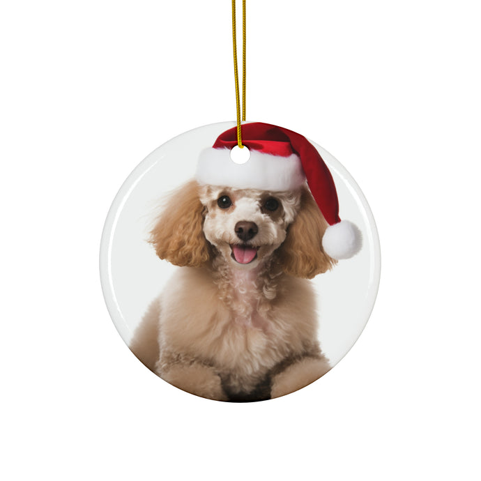 DistinctInk Hanging Ceramic Christmas Tree Ornament with Gold String - Great Gift/Present - 2 3/4 inch Diameter - Poodle Design
