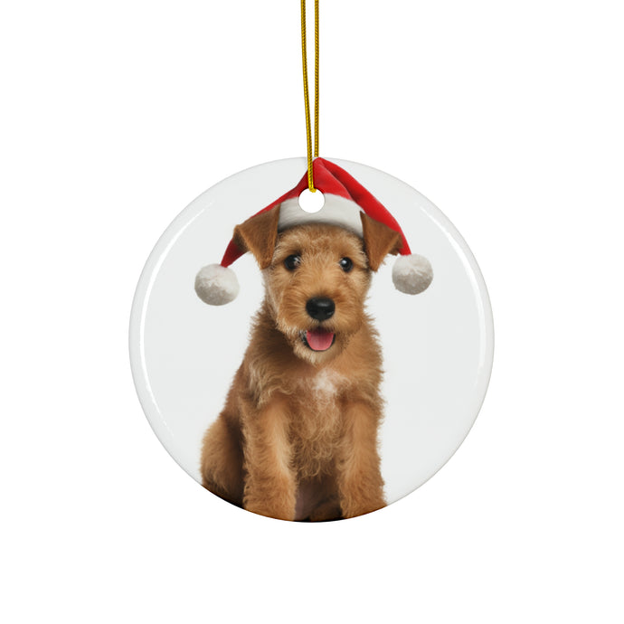 DistinctInk Hanging Ceramic Christmas Tree Ornament with Gold String - Great Gift/Present - 2 3/4 inch Diameter - Lakeland Terrier Puppy Design