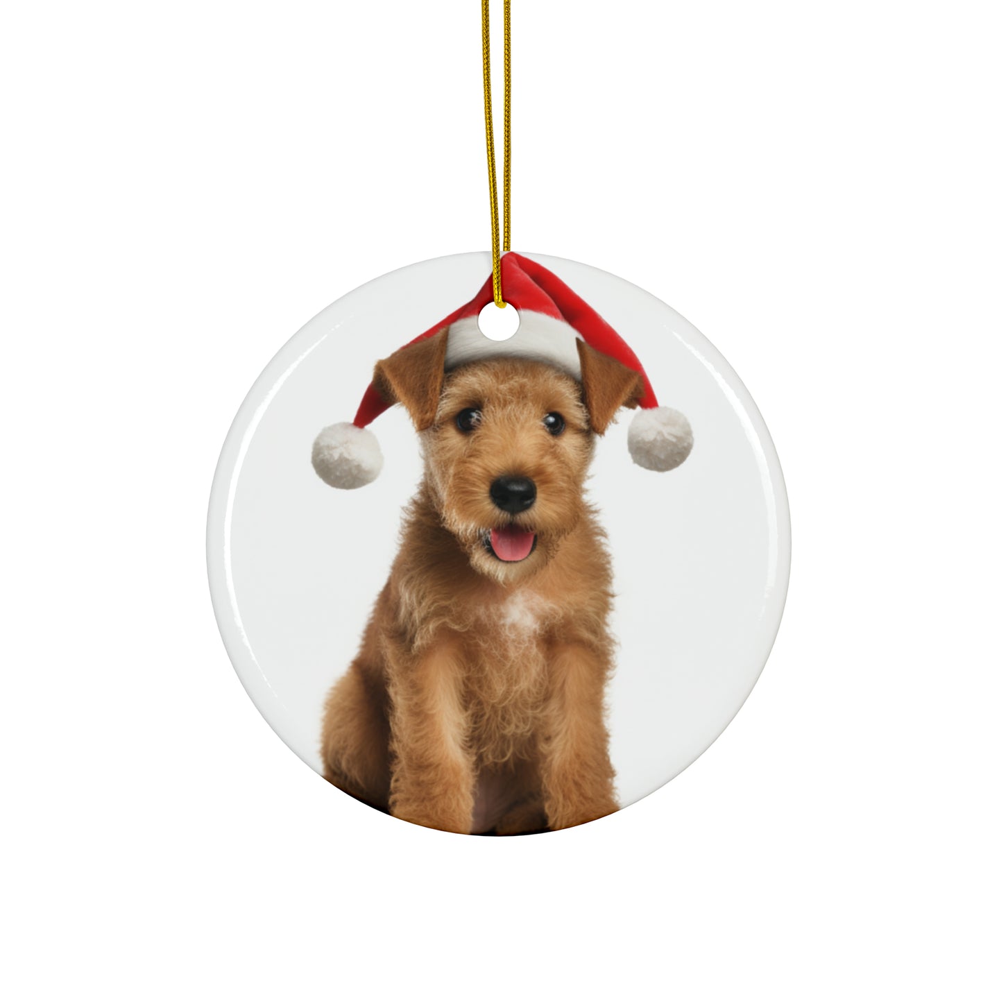 DistinctInk Hanging Ceramic Christmas Tree Ornament with Gold String - Great Gift/Present - 2 3/4 inch Diameter - Lakeland Terrier Puppy Design