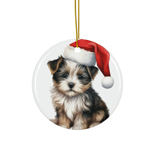 DistinctInk Hanging Ceramic Christmas Tree Ornament with Gold String - Great Gift/Present - 2 3/4 inch Diameter - Biewer Terrier Puppy Drawing Design