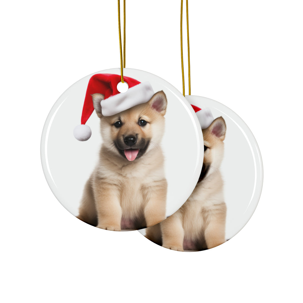 Hanging Ceramic Christmas Tree Ornament with Gold String - Norwegian Buhund Puppy Design, view 2