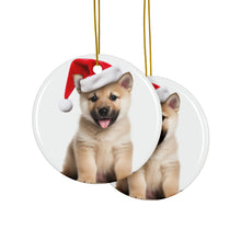 DistinctInk Hanging Ceramic Christmas Tree Ornament with Gold String - Great Gift/Present - 2 3/4 inch Diameter - Norwegian Buhund Puppy Design