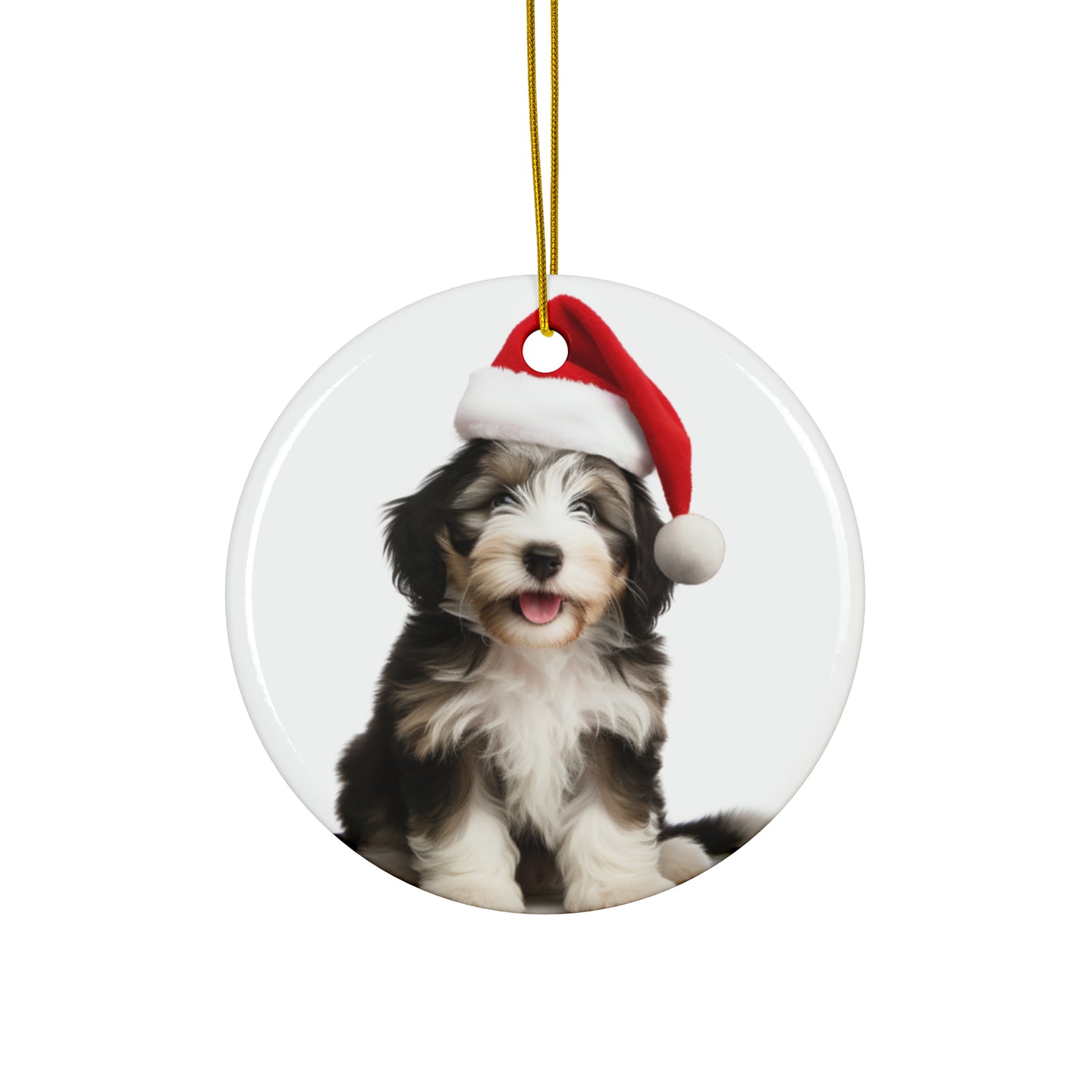 DistinctInk Hanging Ceramic Christmas Tree Ornament with Gold String - Great Gift/Present - 2 3/4 inch Diameter - Bearded Collie Puppy Design