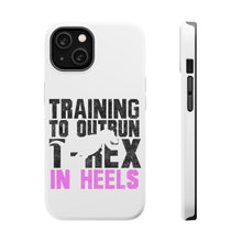 DistinctInk ToughCase for Apple iPhone, Compatible with MagSafe Charging - Training to Outrun T-Rex in Heels