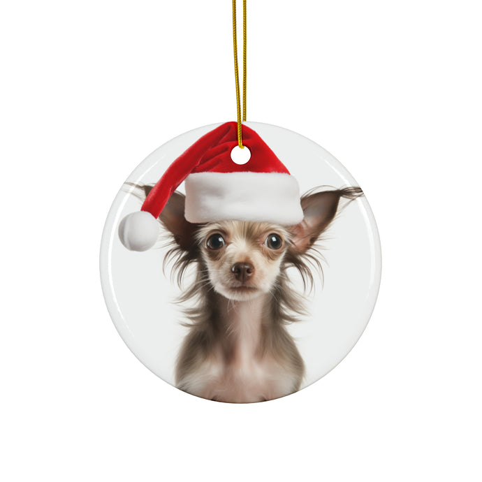 DistinctInk Hanging Ceramic Christmas Tree Ornament with Gold String - Great Gift/Present - 2 3/4 inch Diameter - Chinese Crested Puppy Design