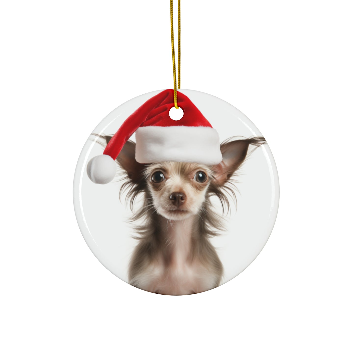 DistinctInk Hanging Ceramic Christmas Tree Ornament with Gold String - Great Gift/Present - 2 3/4 inch Diameter - Chinese Crested Puppy Design