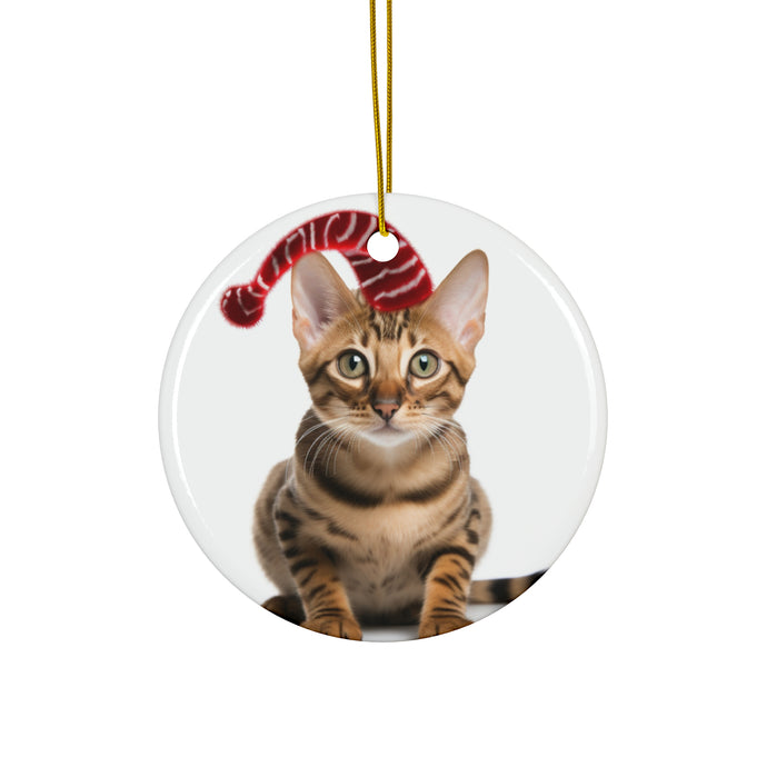 DistinctInk Hanging Ceramic Christmas Tree Ornament with Gold String - Great Gift/Present - 2 3/4 inch Diameter - Bengal Cat Design