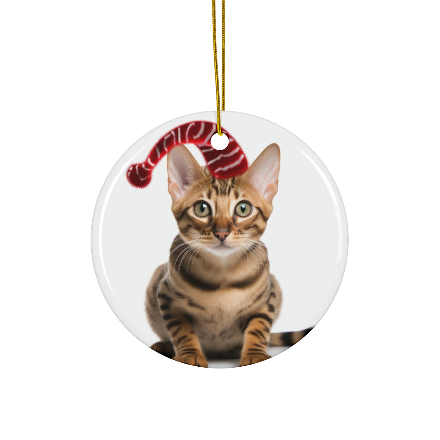 DistinctInk Hanging Ceramic Christmas Tree Ornament with Gold String - Great Gift/Present - 2 3/4 inch Diameter - Bengal Cat Design