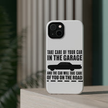 DistinctInk ToughCase for Apple iPhone, Compatible with MagSafe Charging - Take Care of the Car, Car Take Care of the Road