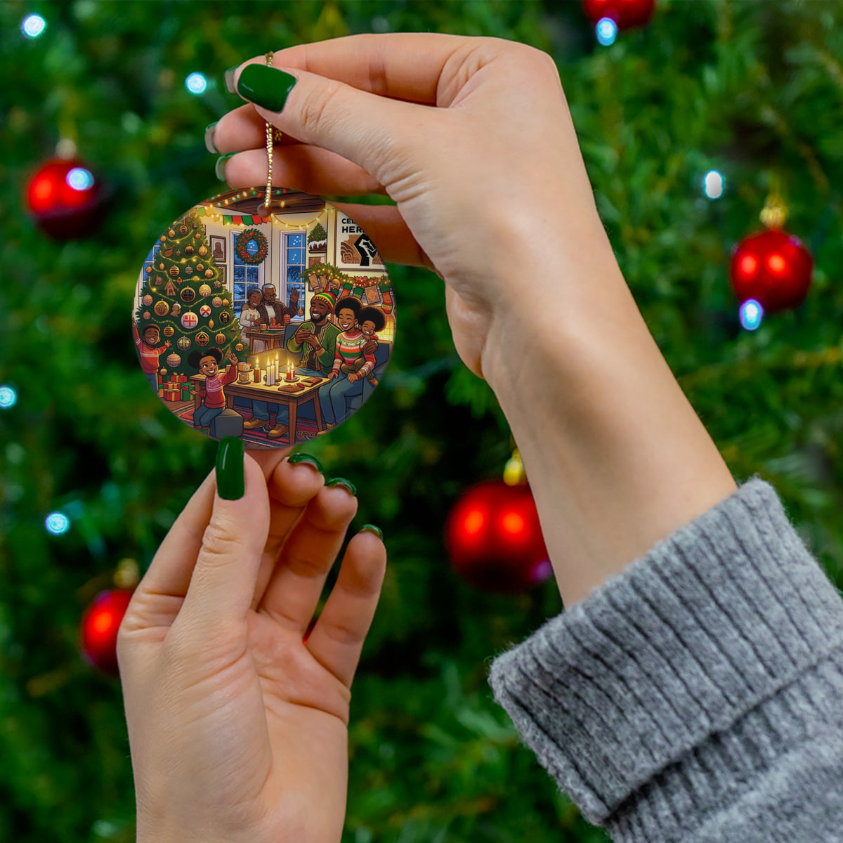 Hanging Ceramic Christmas Tree Ornament Charm with Gold String - Celebrating Heritage at Christmas, view 4