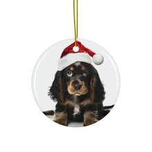 DistinctInk Hanging Ceramic Christmas Tree Ornament with Gold String - Great Gift/Present - 2 3/4 inch Diameter - English Cocker Spaniel Puppy Design
