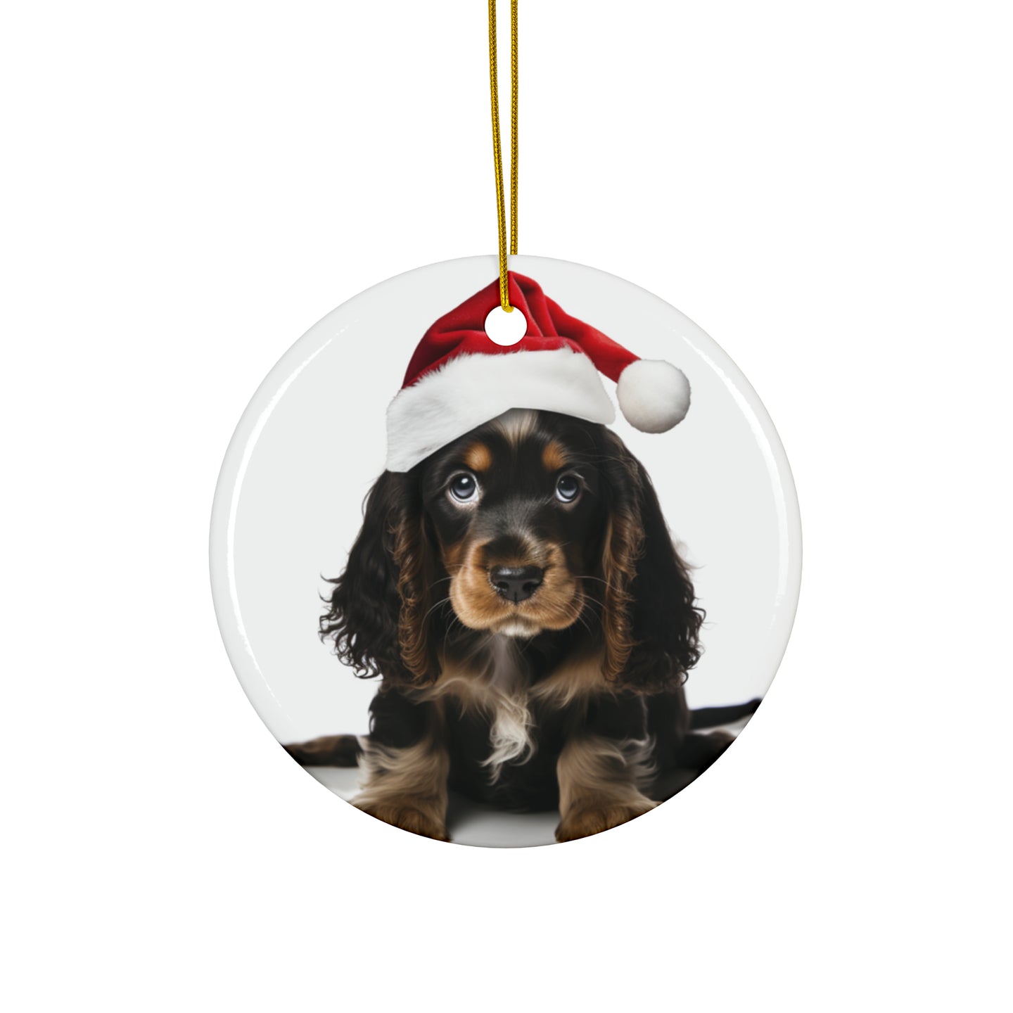 DistinctInk Hanging Ceramic Christmas Tree Ornament with Gold String - Great Gift/Present - 2 3/4 inch Diameter - English Cocker Spaniel Puppy Design