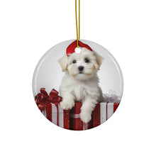 DistinctInk Hanging Ceramic Christmas Tree Ornament with Gold String - Great Gift/Present - 2 3/4 inch Diameter - Coton de Tulear Puppy Design