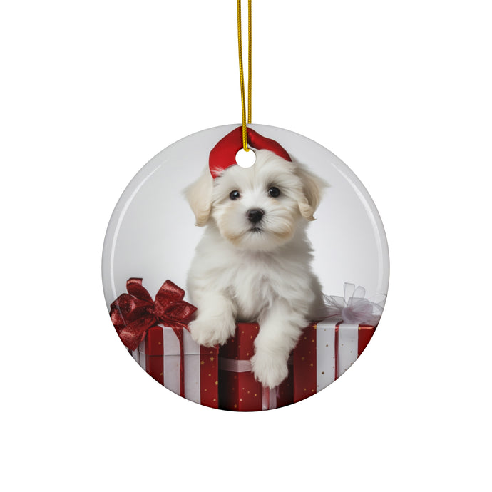 DistinctInk Hanging Ceramic Christmas Tree Ornament with Gold String - Great Gift/Present - 2 3/4 inch Diameter - Coton de Tulear Puppy Design