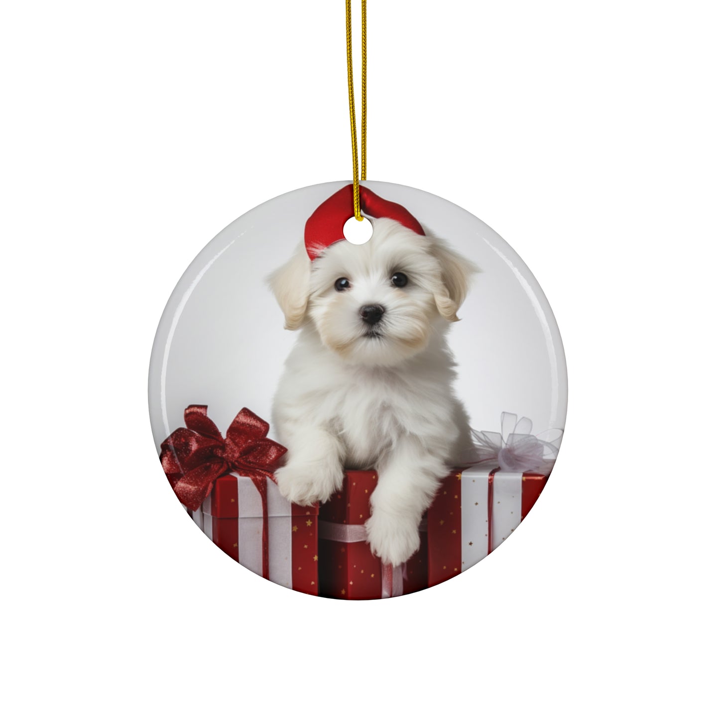 DistinctInk Hanging Ceramic Christmas Tree Ornament with Gold String - Great Gift/Present - 2 3/4 inch Diameter - Coton de Tulear Puppy Design